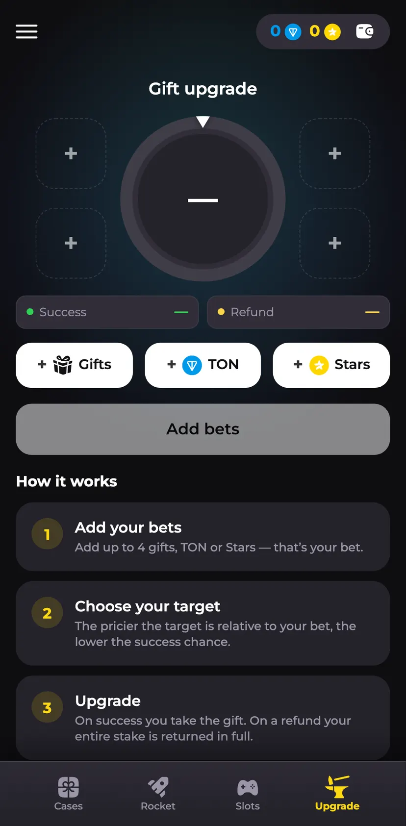 Gift Spinner | Free Daily Gifts 🎁 — Upgrade section: Gift upgrade · + · — · Success