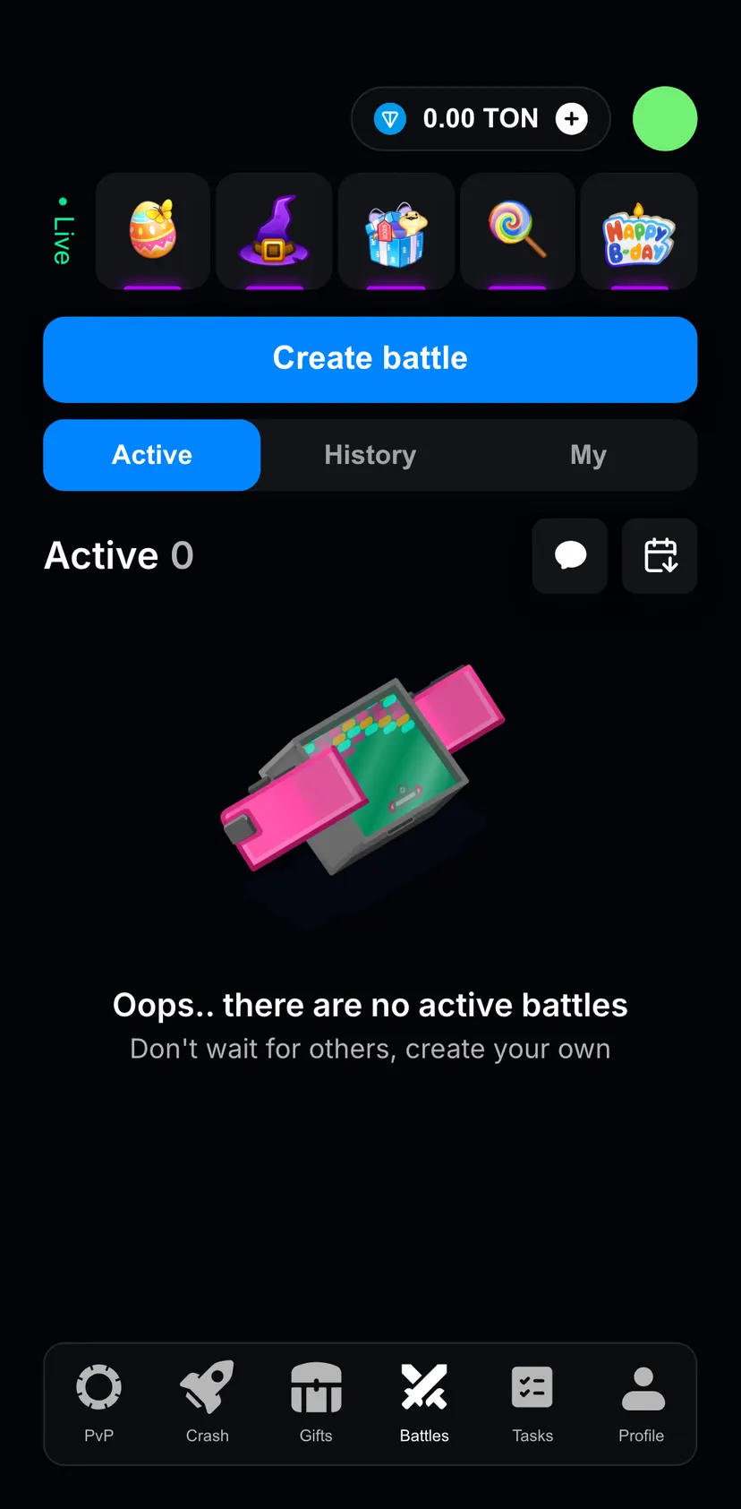 GoGift — Battles section: Create battle · Active · History · My
