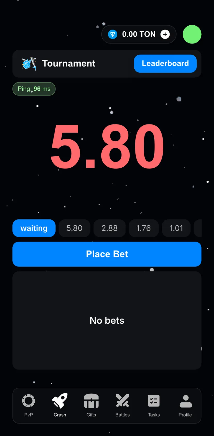 GoGift — Crash section: Ping : ms · 96 · 5.80 · waiting
