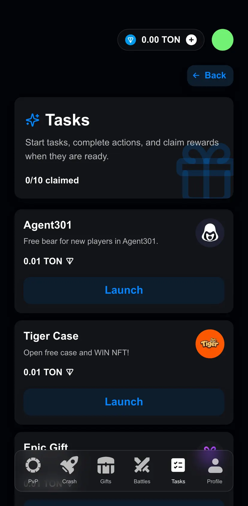 GoGift — Tasks section: Back · Start tasks, complete actions, and claim rewards when they are ready. · 0/10 claimed ·…