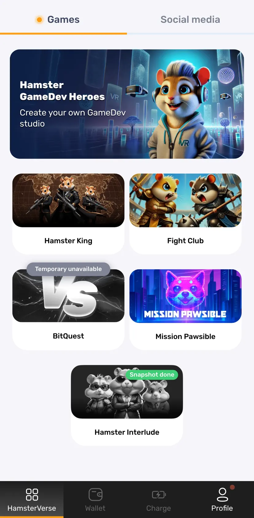 Hamster Kombat — HamsterVerse section: Games · Social media · Hamster GameDev Heroes · Create your own GameDev studio