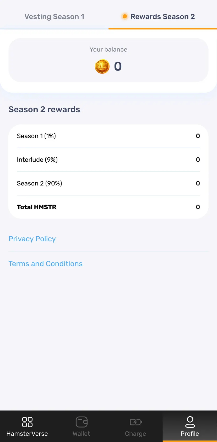 Hamster Kombat — Profile section: Vesting Season 1 · Rewards Season 2 · Your balance · 0
