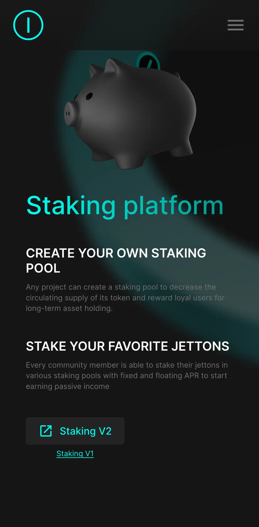 JVault — screen 2: keyboard_arrow_down · Staking platform · CREATE YOUR OWN STAKING POOL · Any project can create a staking…