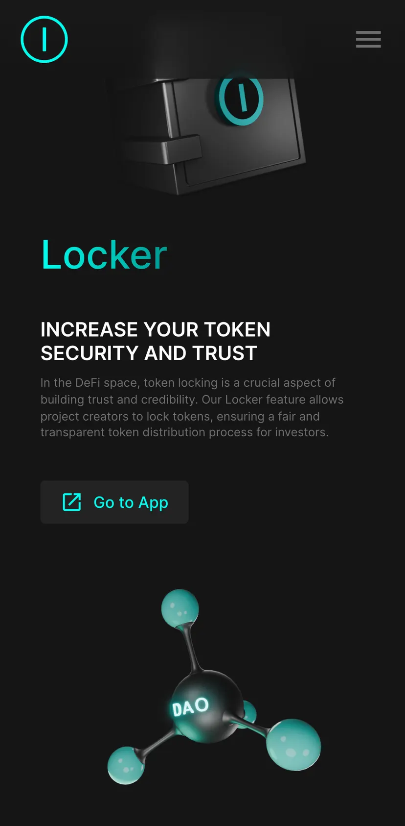 JVault — screen 4: Locker · INCREASE YOUR TOKEN SECURITY AND TRUST · In the DeFi space, token locking is a crucial aspect…