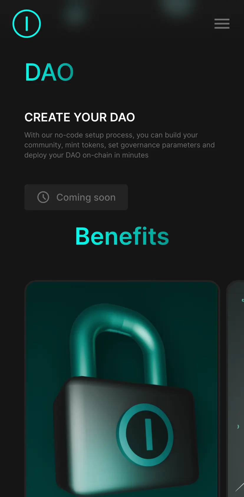 JVault — screen 5: DAO · CREATE YOUR DAO · With our no-code setup process, you can build your community, mint tokens, set…