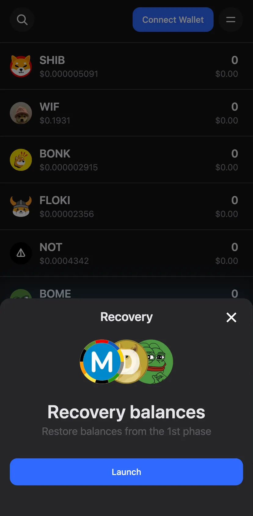 Memeland — screen 2: Recovery · Recovery balances · Restore balances from the 1st phase · Launch