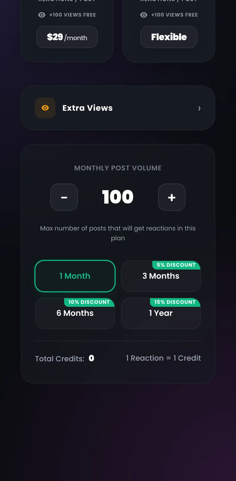 Reactions + Views Bot😍 — screen 2: Reactions / Post · +100 Views FREE · $29 · Flexible