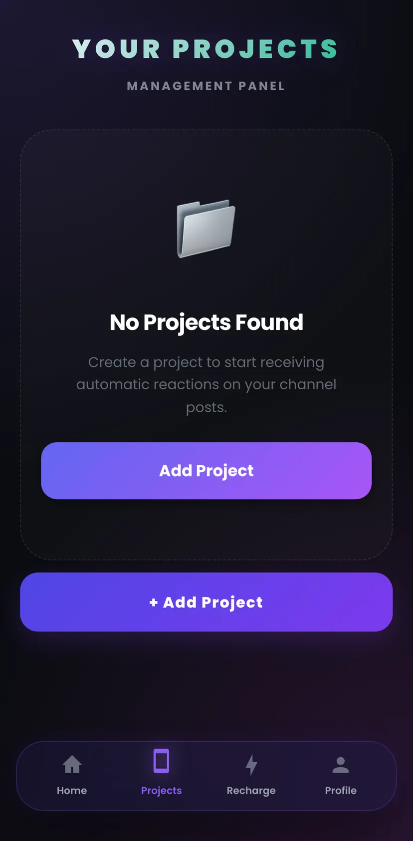 Reactions + Views Bot😍 — Projects section: Your Projects · MANAGEMENT PANEL · 📁 · No Projects Found