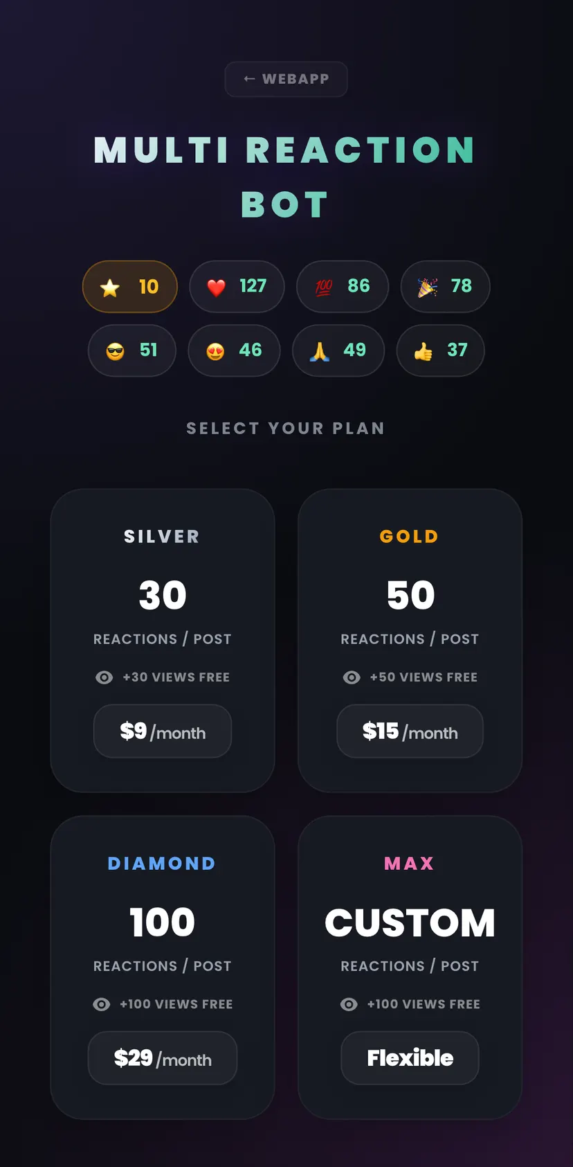Reactions + Views Bot😍 — Recharge section: ← WEBAPP · MULTI REACTION BOT · ⭐ · ❤️