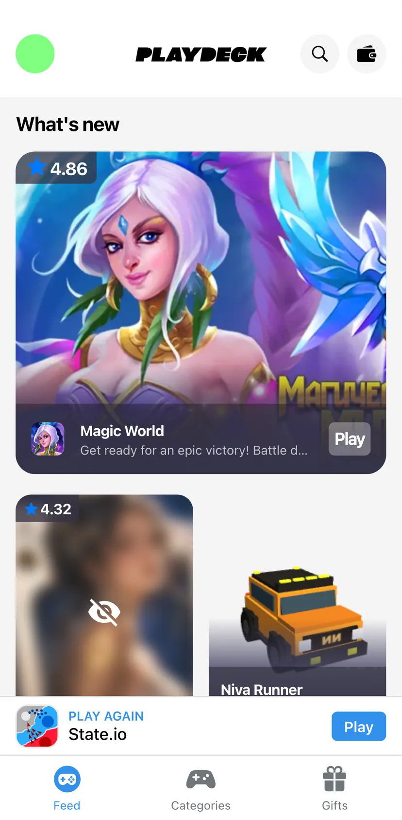 PlayDeck — Feed section: What's new · 4.86 · Magic World · Play