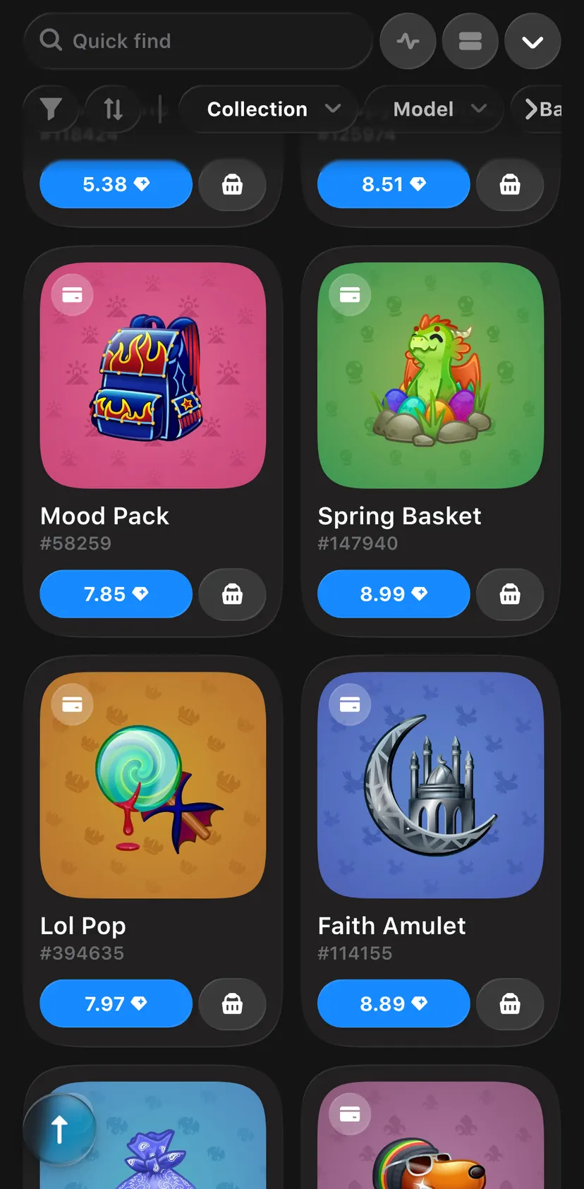 Portals Market — screen 2: Chill Flame · Happy Brownie · Collection · Model