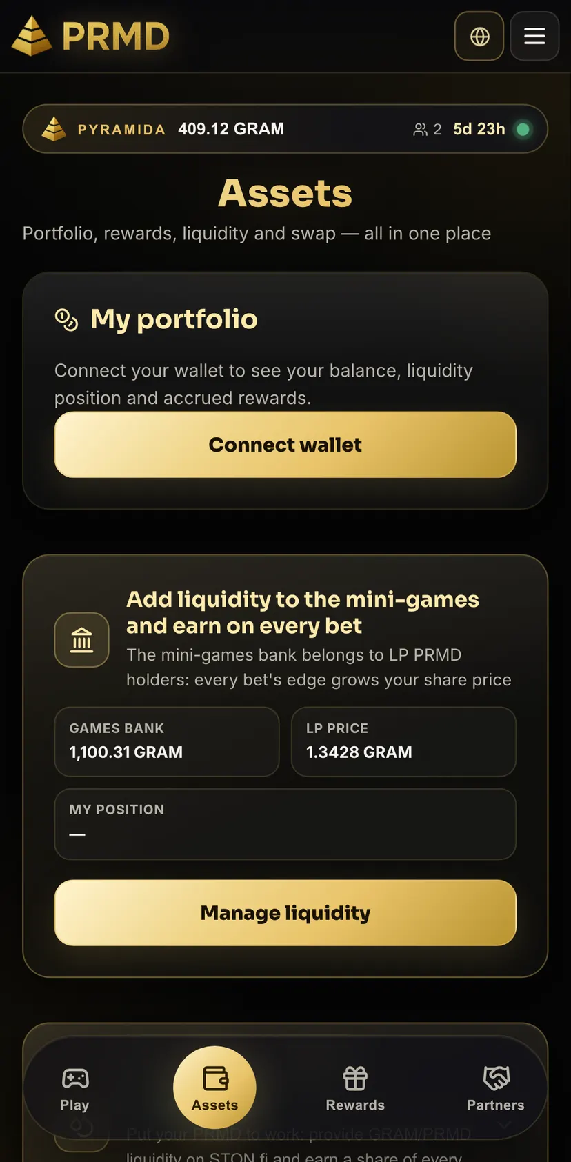 Pyramida — раздел «Assets»: 409.12 GRAM · 5d 23h · 2 · Assets