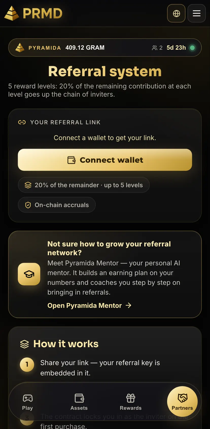 Pyramida — раздел «Partners»: Referral system · 5 reward levels: 20% of the remaining contribution at each level goes up…