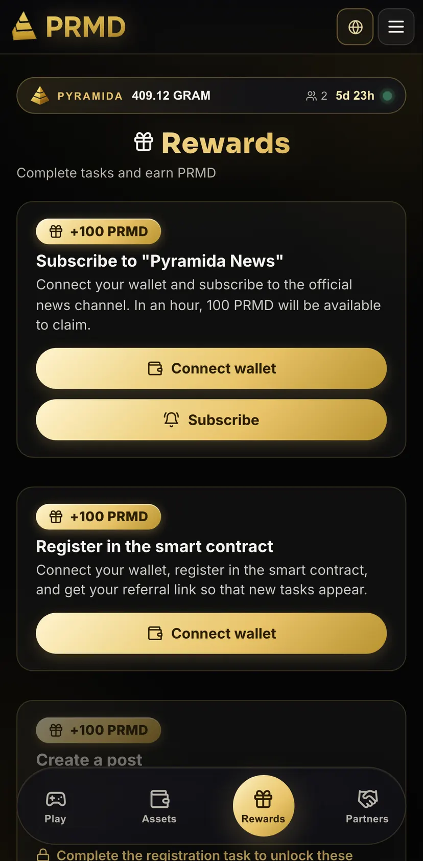 Pyramida — раздел «Rewards»: Rewards · Complete tasks and earn PRMD · + 100 PRMD · Subscribe to "Pyramida News"