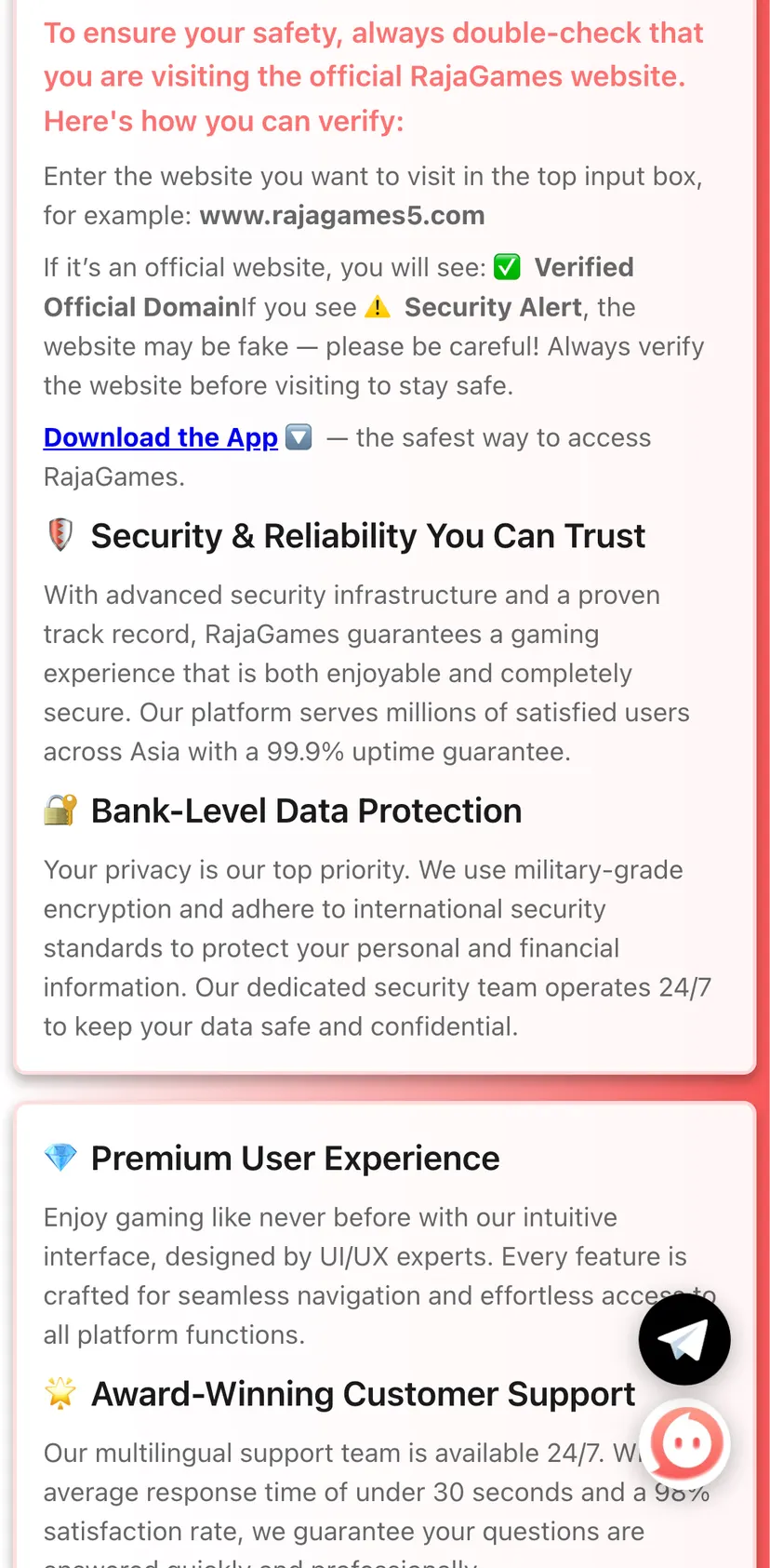 RajaGamesBot — screen 2: To ensure your safety, always double-check that you are visiting the official RajaGames website…
