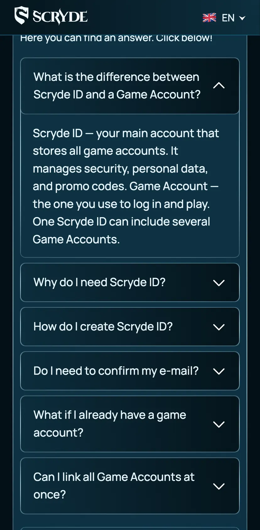 Кот Орион – Скрайд — screen 2: Popular Questions about the Scryde ID · Here you can find an answer. Click below! · What is…