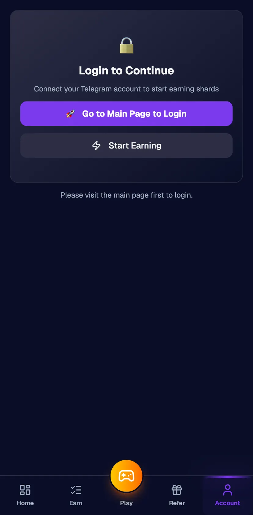 Shards Bot — Account section: 🔒 · Login to Continue · Connect your Telegram account to start earning shards · Go to Main…