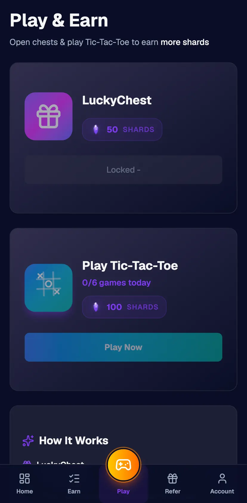 Shards Bot — Play section: Play & Earn · Open chests & play Tic-Tac-Toe to earn · more shards · LuckyChest