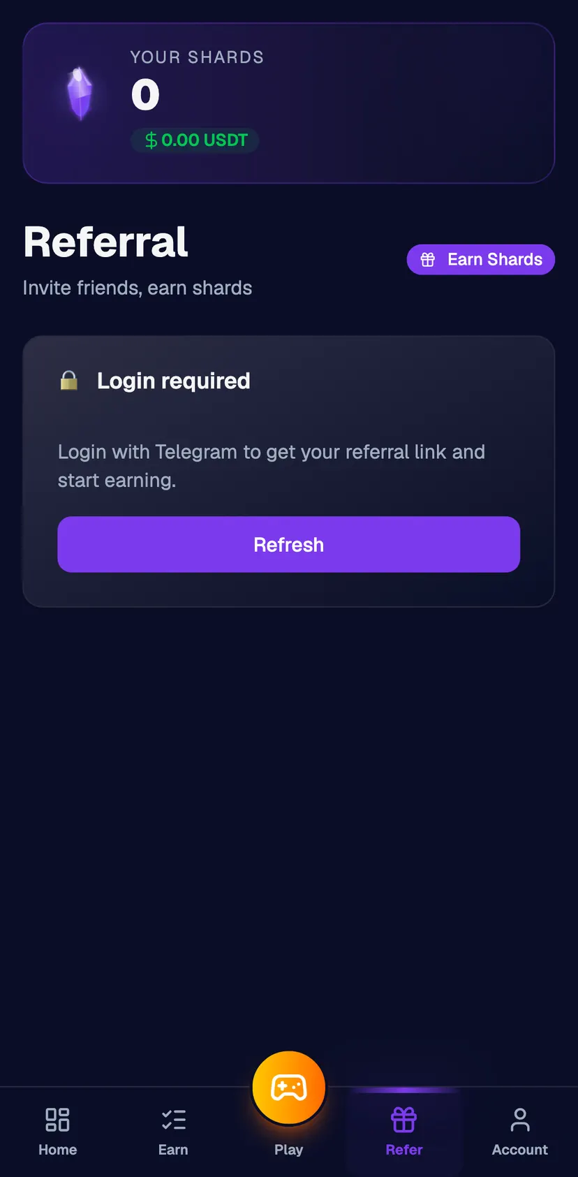 Shards Bot — Refer section: Your Shards · 0 · 0.00 USDT · Referral