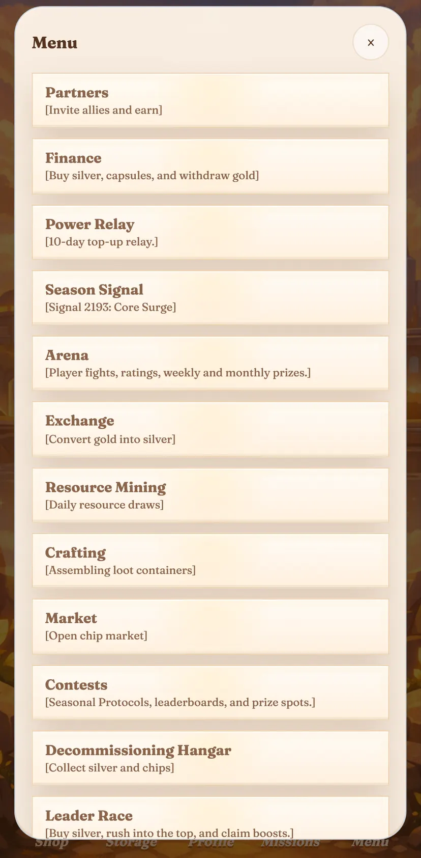 Signal [2193] — Menu section: × · Partners · [Invite allies and earn] · Finance