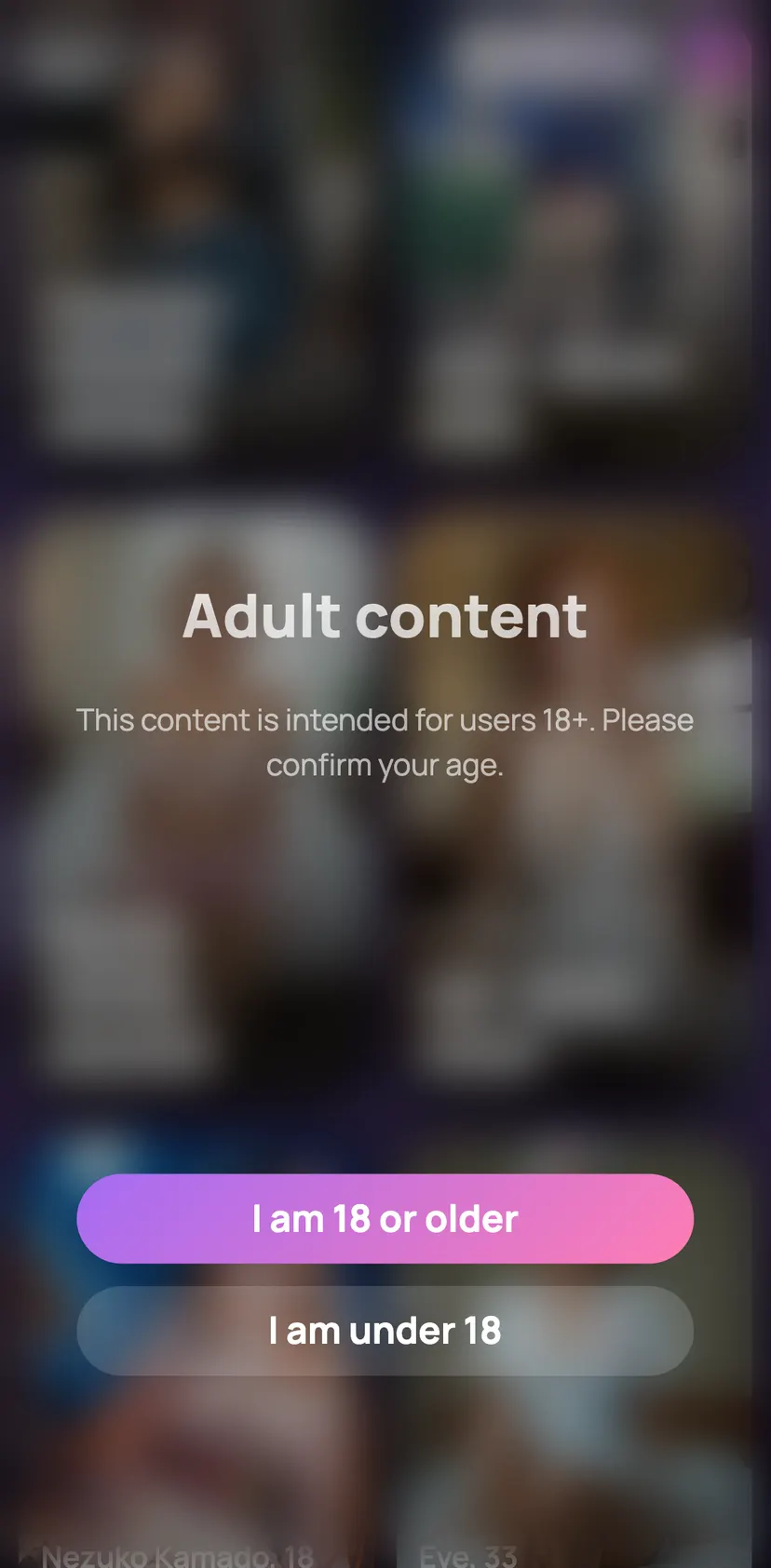 Spicy Talks (18+) — screen 4: Adult content · This content is intended for users 18+. Please confirm your age. · I am 18 or…