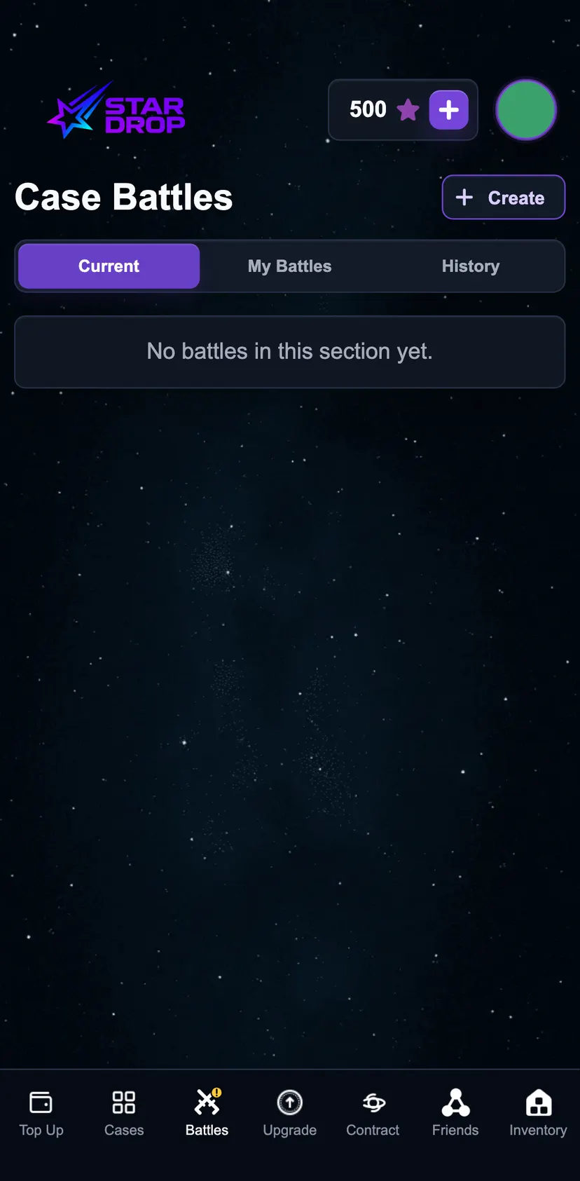 StarDrop – Best CS2 cases — Battles section: Create · Case Battles · Current · My Battles