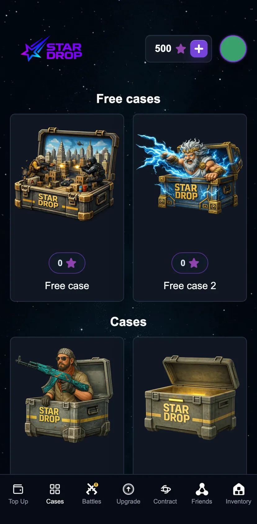 StarDrop – Best CS2 cases — Cases section: Free cases · 0 · Free case · Free case 2