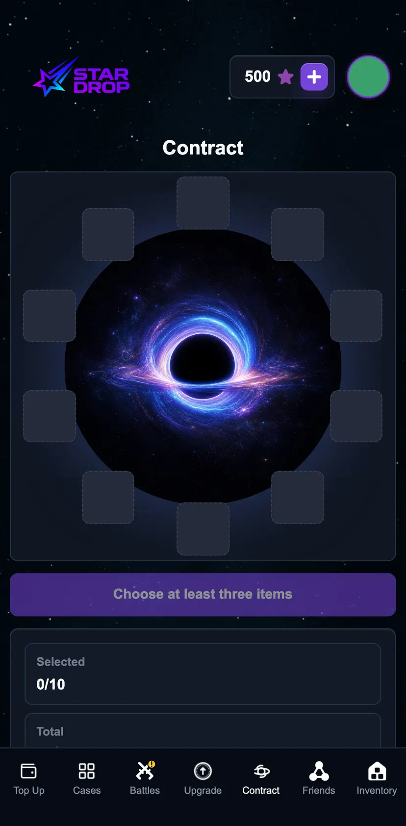StarDrop – Best CS2 cases — Contract section: Contract · Choose at least three items · Selected · 0 / 10