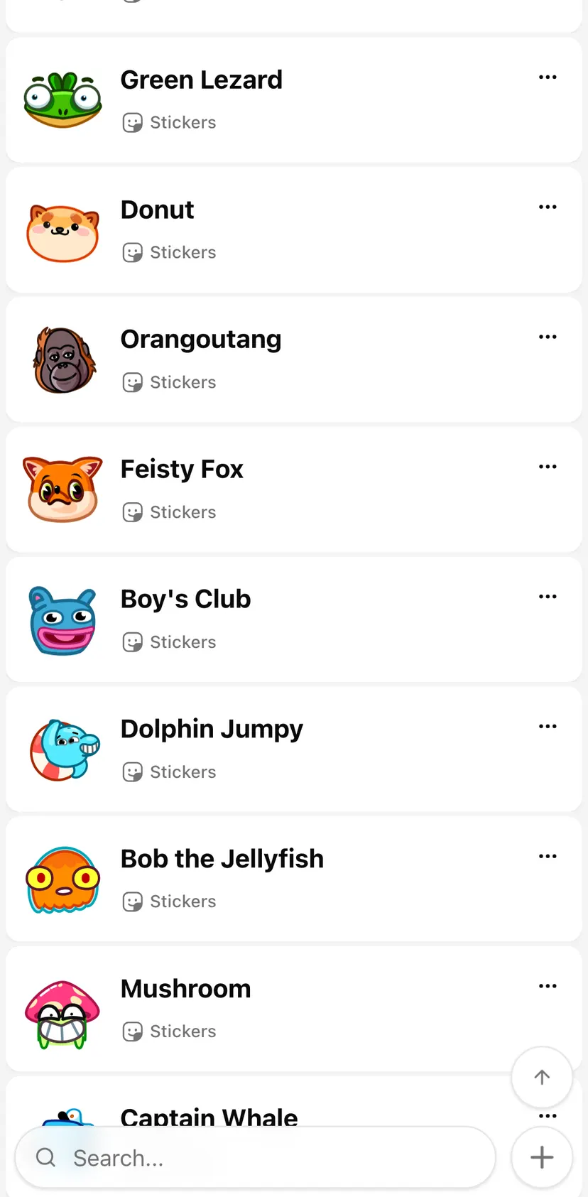 Stickers Bot — screen 2: Stickers · Green Lezard · Donut · Orangoutang