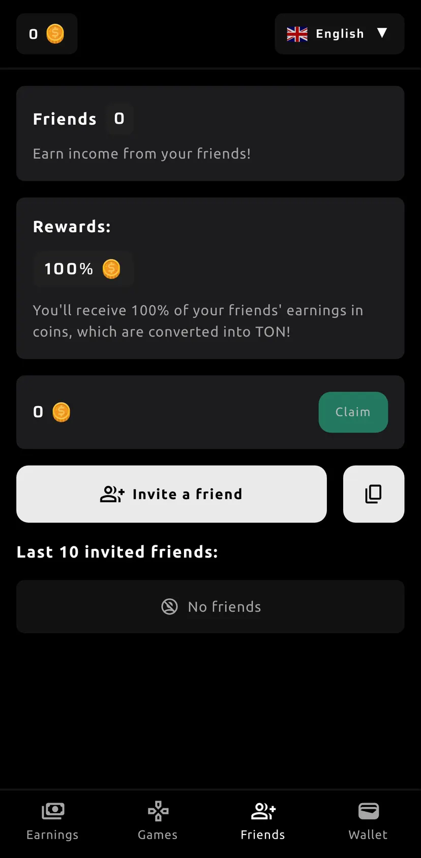 Surf & Earn — Friends section: Friends · 0 · Earn income from your friends! · Rewards: