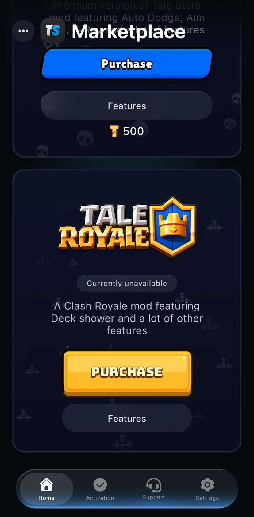 TalePay — screen 2: Premium version of Tale Stars mod featuring Auto Dodge, Aim Bot, X-Ray and a lot of features · Purchase…