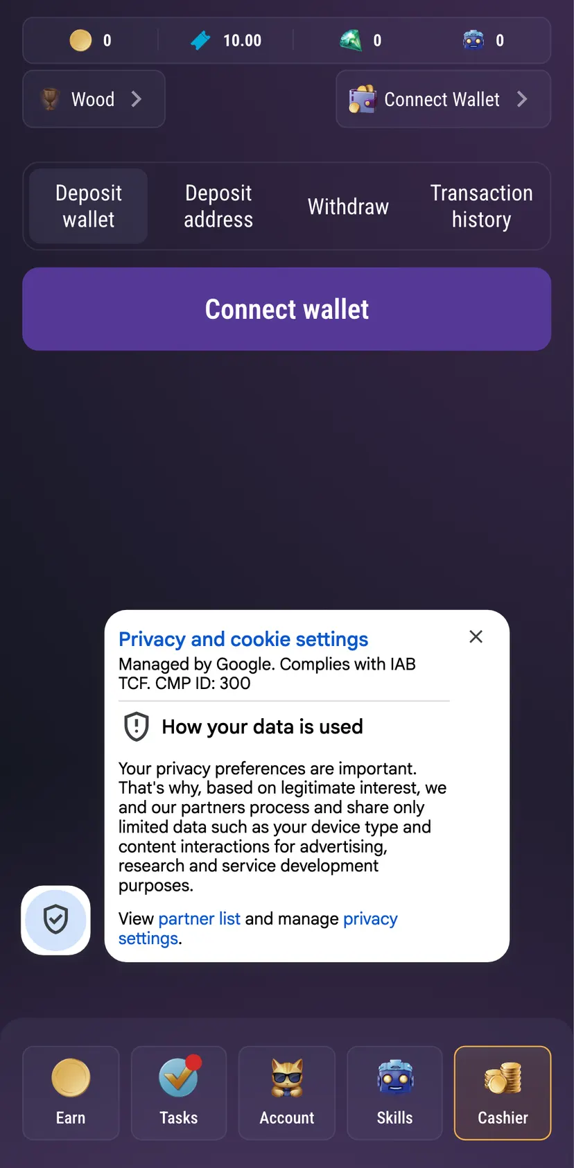 TapSwap — Cashier section: Deposit wallet · Deposit address · Transaction history · Withdraw