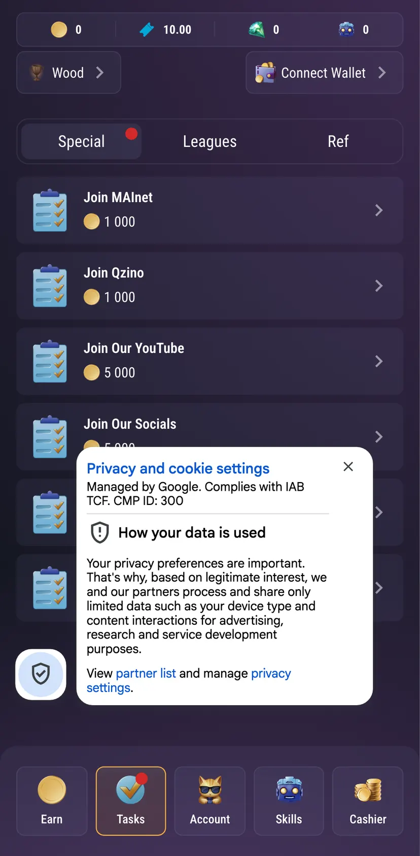 TapSwap — Tasks section: Special · Leagues · Ref · Join mAInet