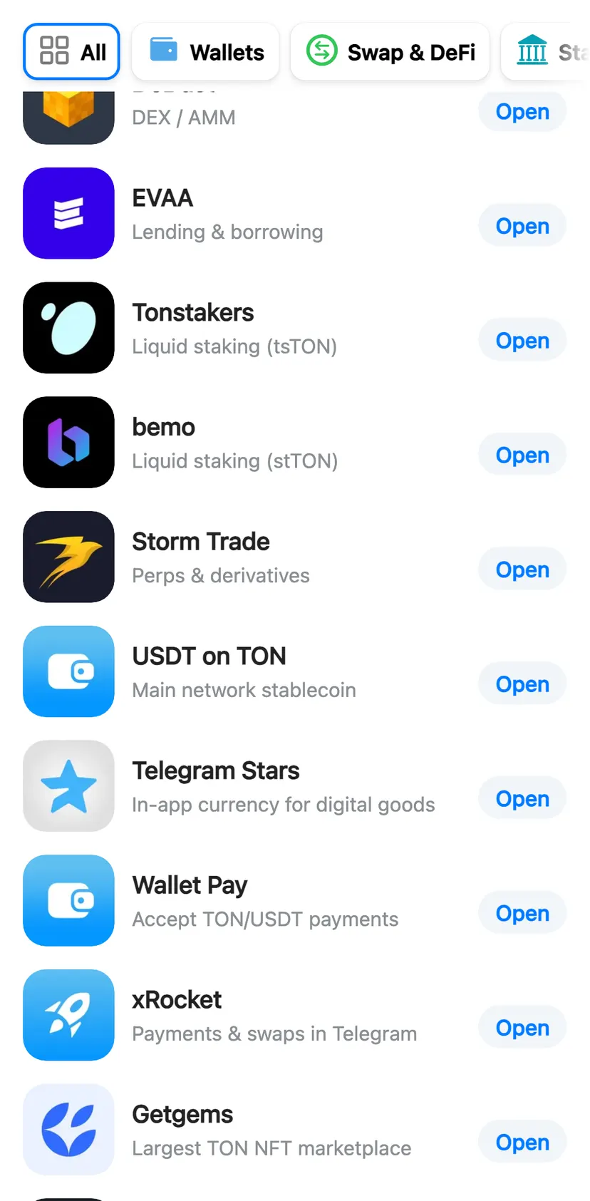 Telegram Apps Center — screen 2: Open · Largest DEX on TON · Wallets · Swap & DeFi