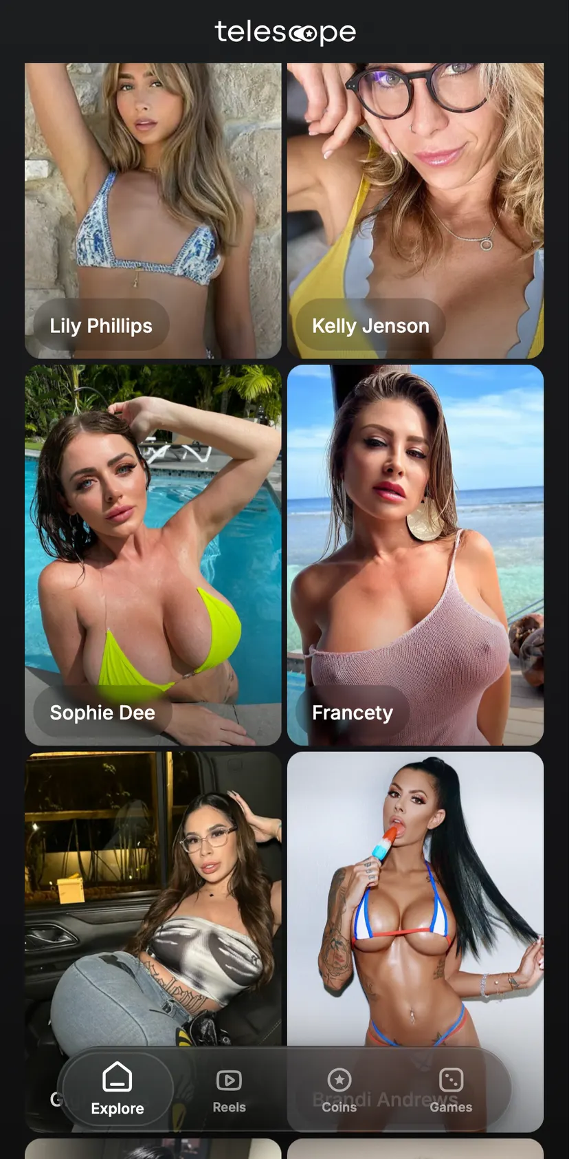 Telescope — screen 2: Lily Phillips · Kelly Jenson · Sophie Dee · Francety