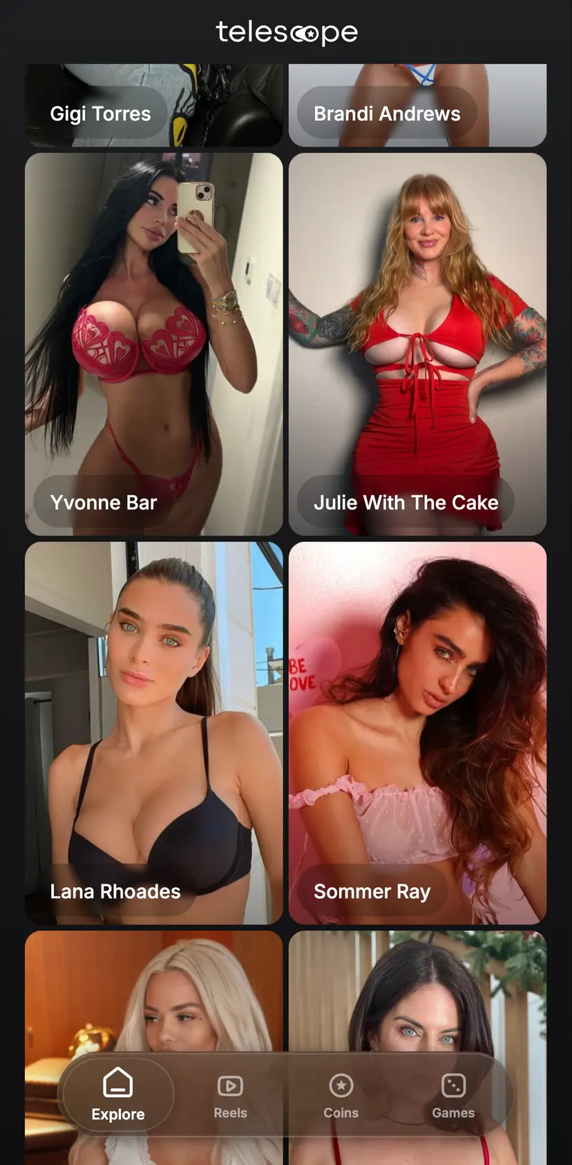 Telescope — screen 3: Gigi Torres · Brandi Andrews · Yvonne Bar · Julie With The Cake