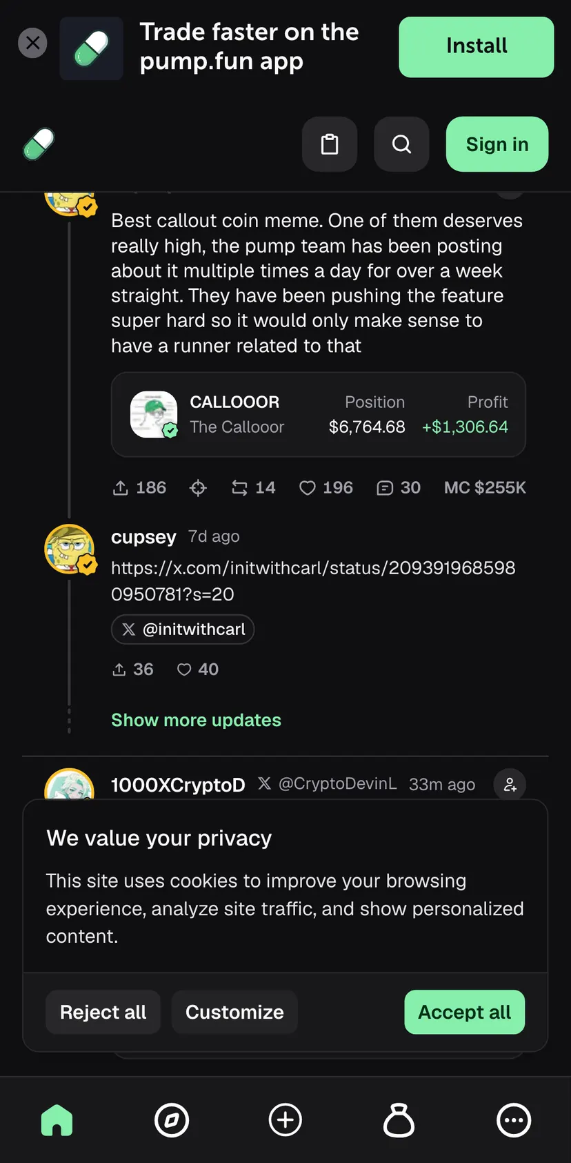 Pump.fun Booster Bot — screen 2: DripCat · Position · Profit · +4
