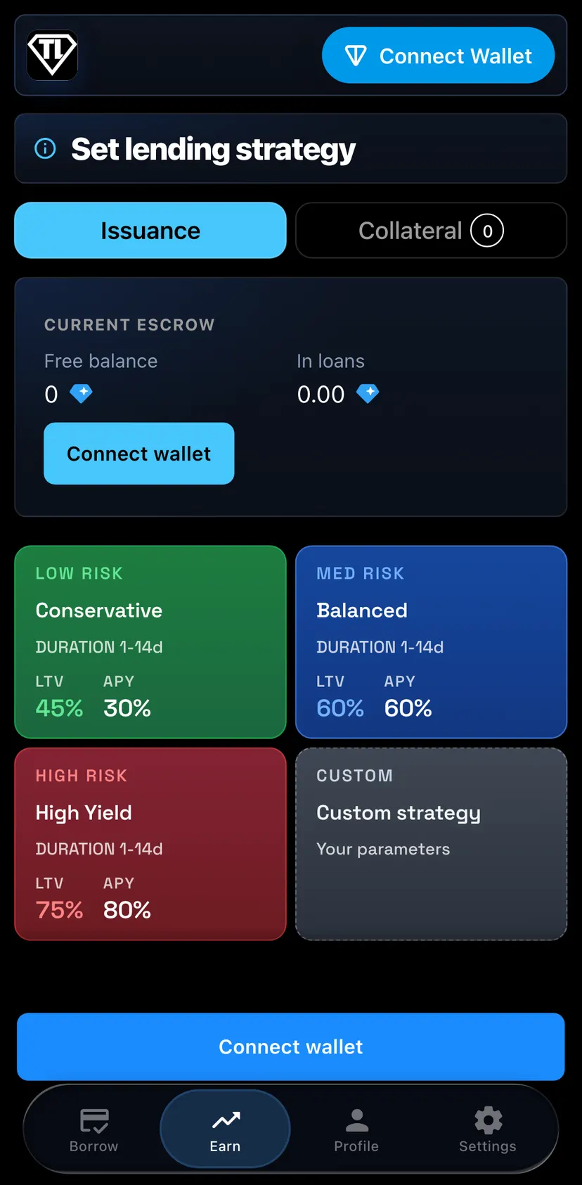 TONLender — Earn section: Set lending strategy · Issuance · Collateral · Current escrow