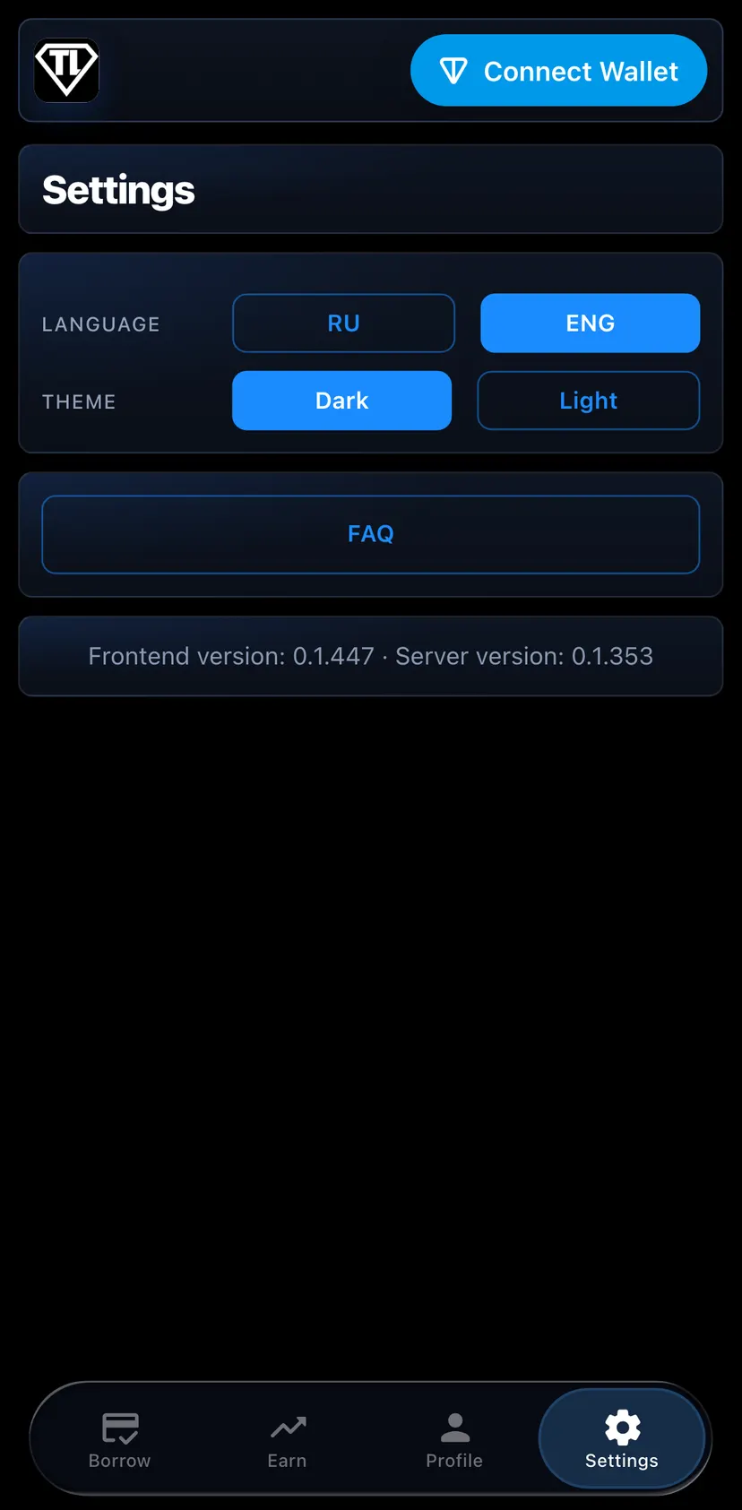 TONLender — Settings section: Settings · RU · ENG · Language