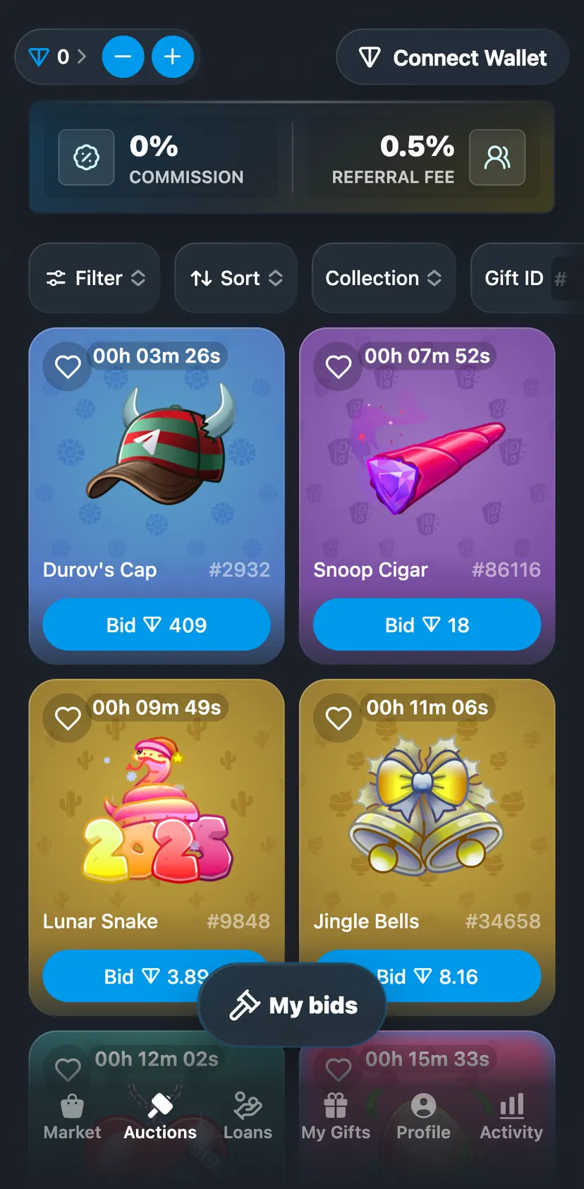 Tonnel Relayer Bot — раздел «Auctions»: Filter · Sort · Collection · Gift ID