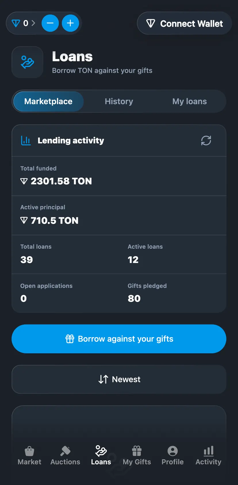 Tonnel Relayer Bot — раздел «Loans»: Loans · Borrow TON against your gifts · Marketplace · History