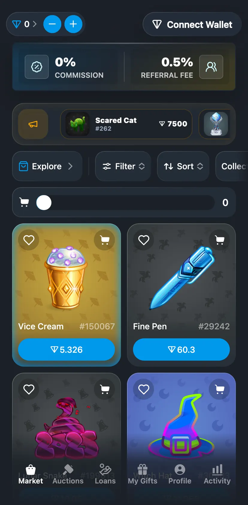 Tonnel Relayer Bot — раздел «Market»: Commission · Referral fee · Snoop Cigar · Scared Cat