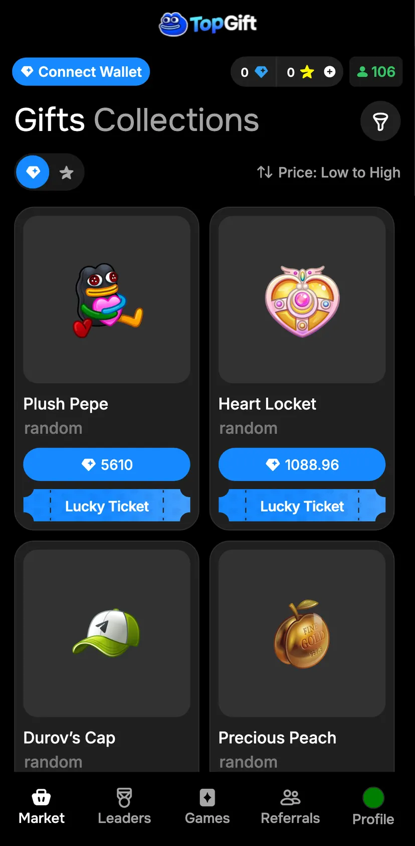 TopGift — Games section: Connect Wallet · 0 · 0 · 106
