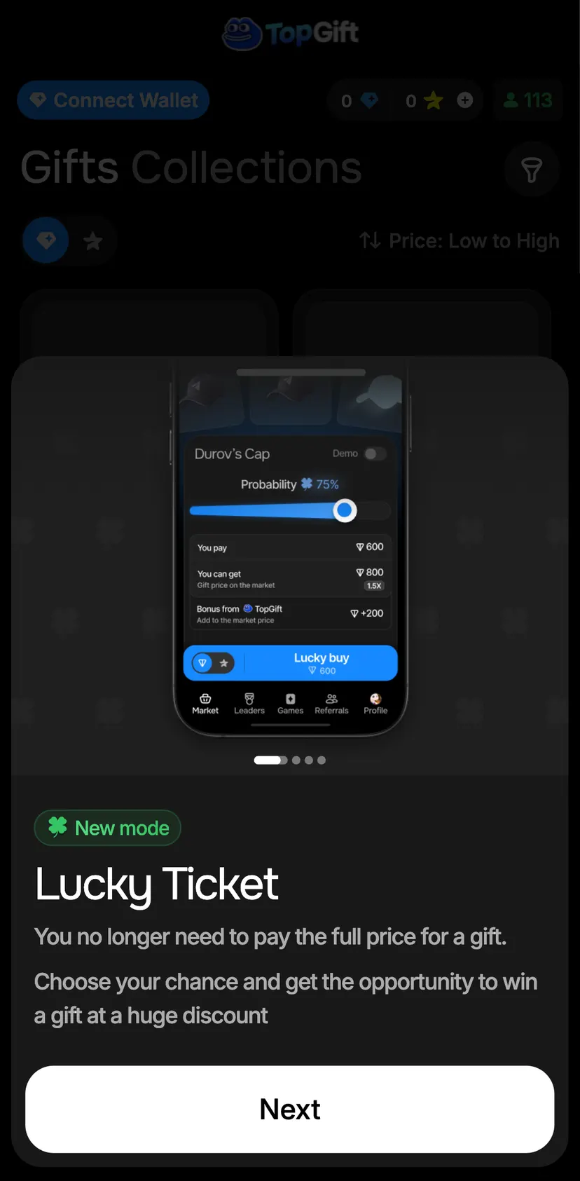 TopGift — Market section: Connect Wallet · 0 · 0 · 113