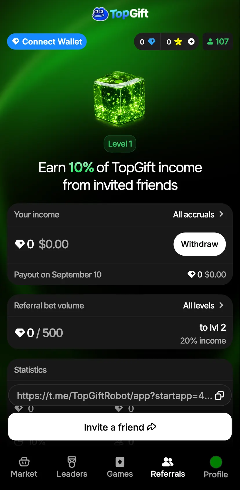 TopGift — Referrals section: Connect Wallet · 0 · 0 · 107