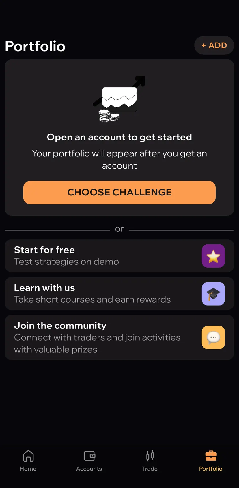 Upscale — раздел «Portfolio»: Portfolio · Open an account to get started · Your portfolio will appear after you get an…