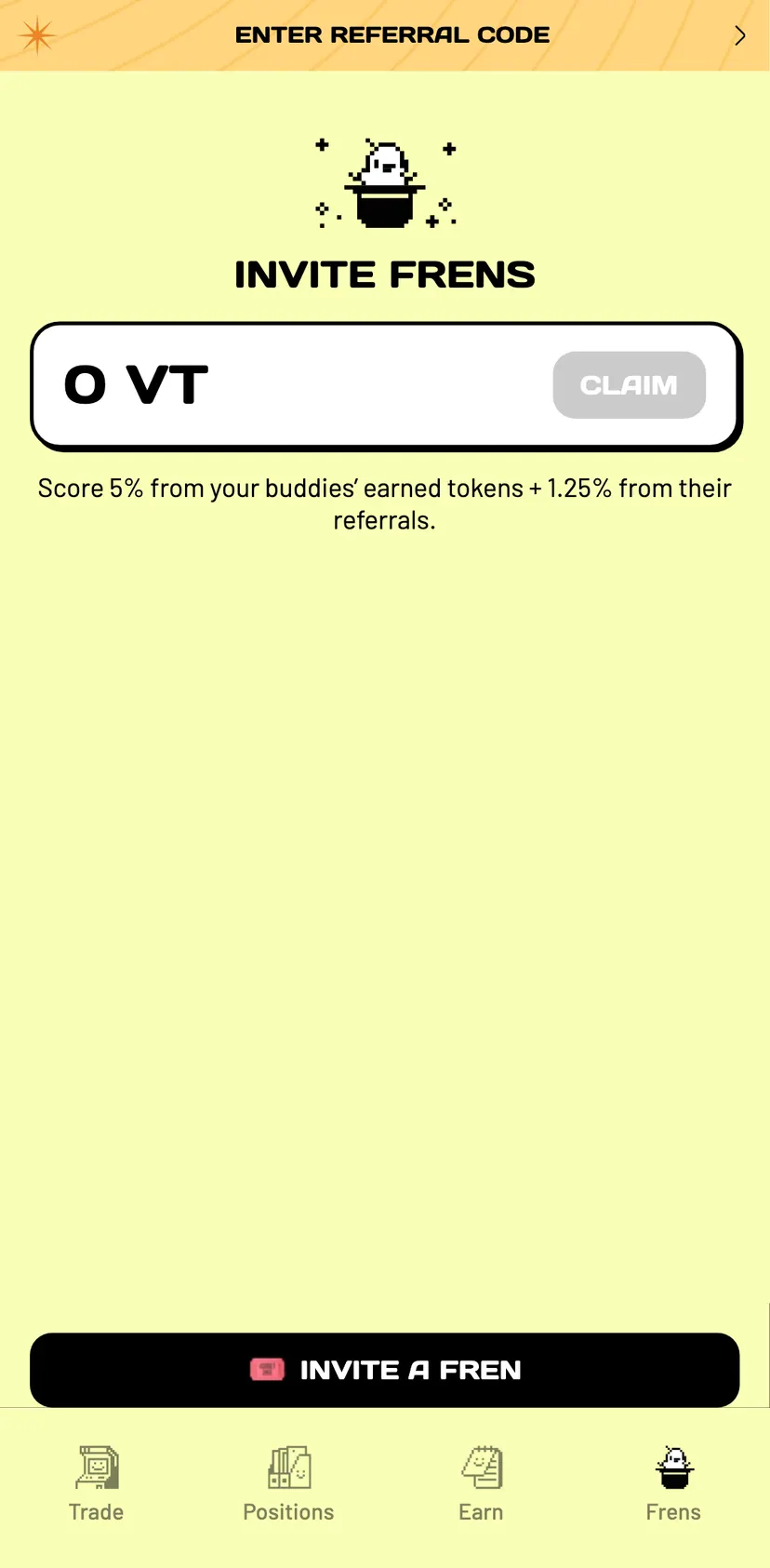 Vooi App — Frens section: Enter referral code · INVITE FRENS · claim · Score 5% from your buddies’ earned tokens + 1.25%…