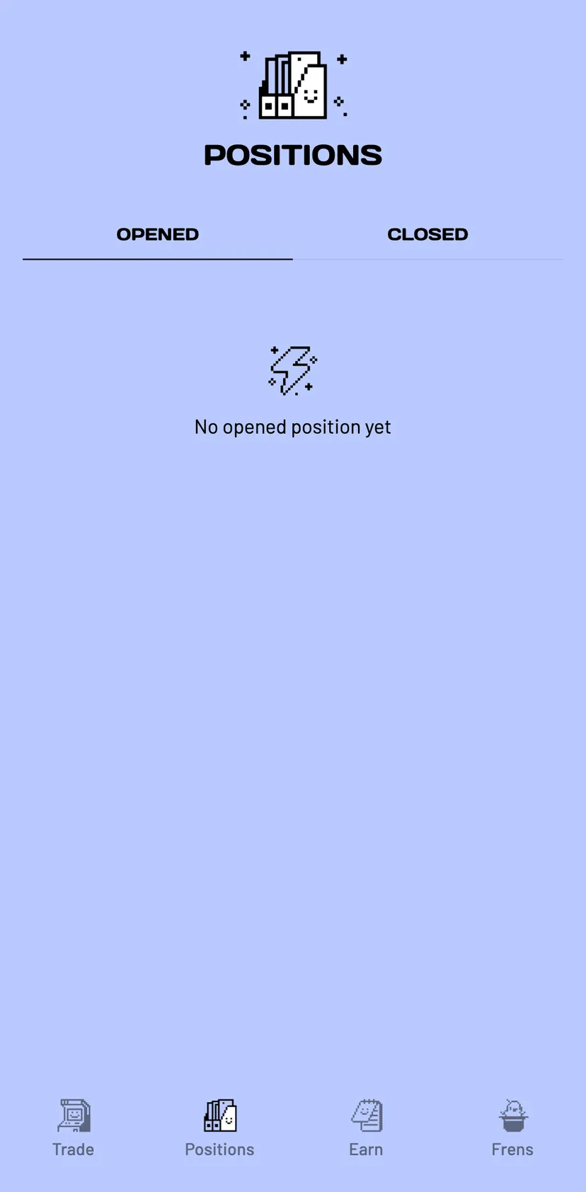 Vooi App — Positions section: Positions · opened · closed · No opened position yet