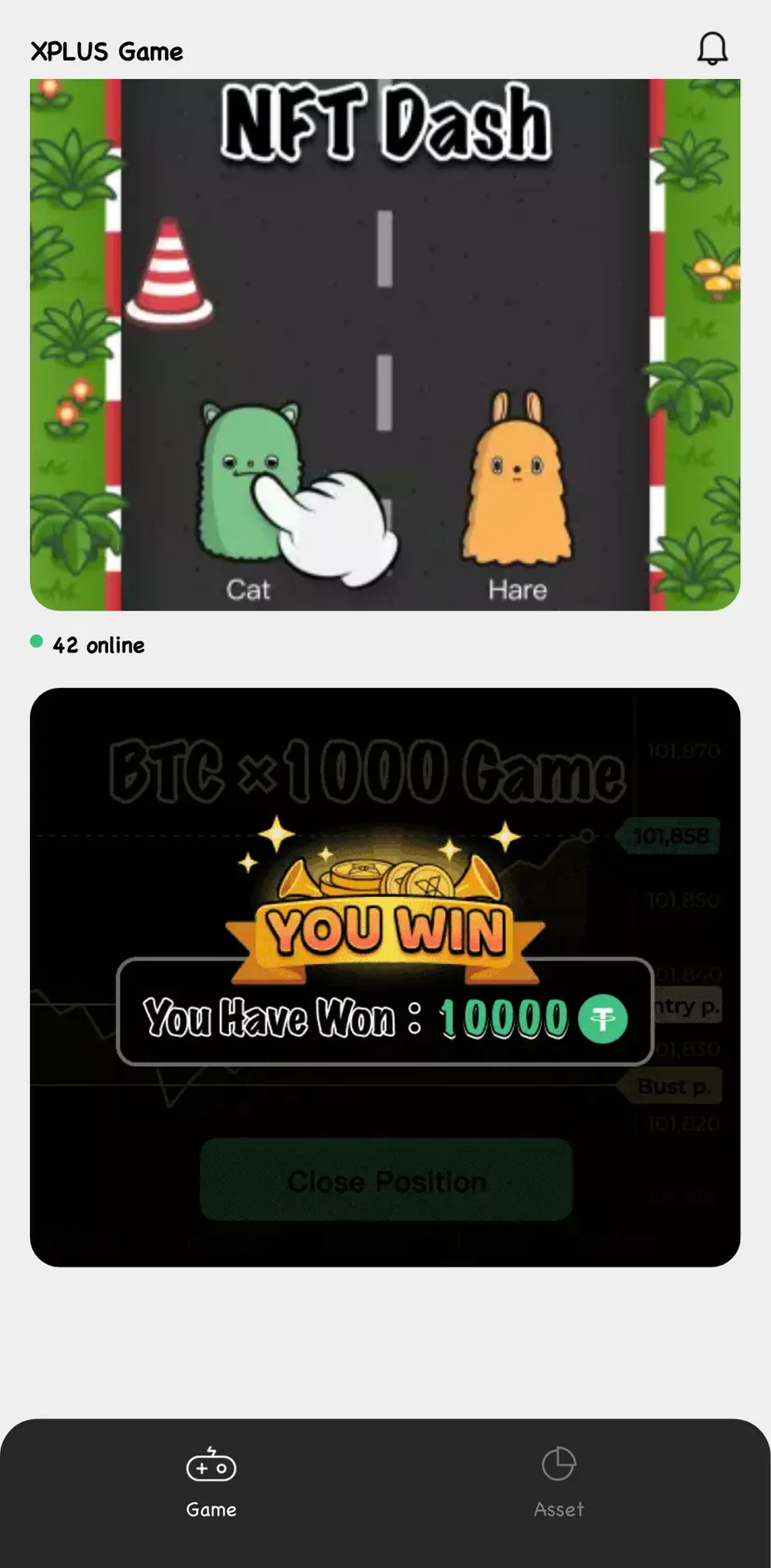 XPLUS — screen 3: 88 online · XPLUS Game · 42 online · Game