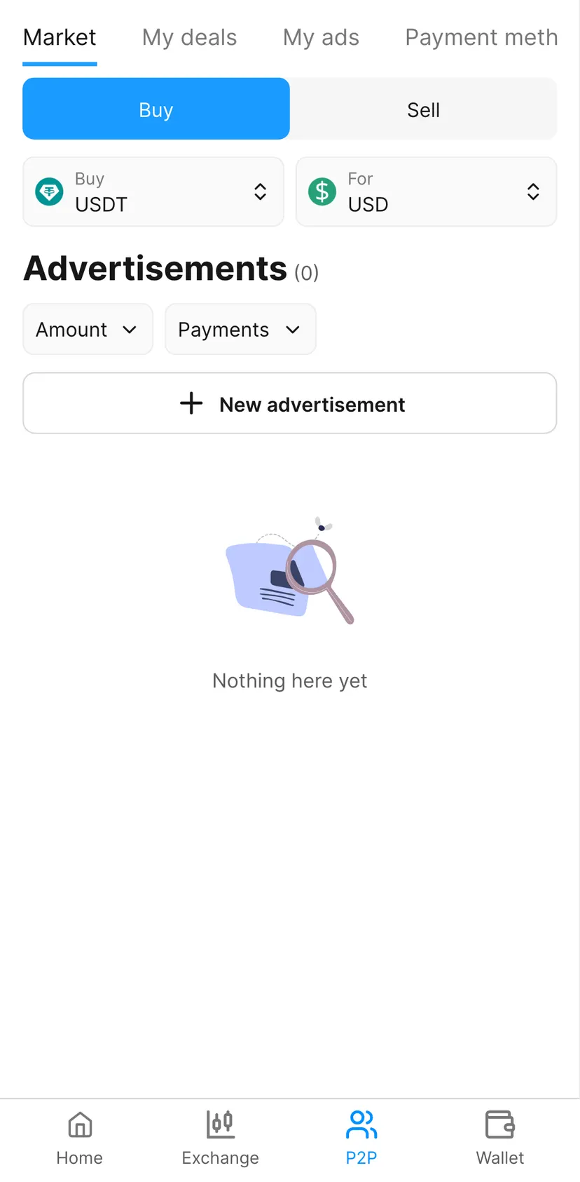 xRocket — P2P section: Market · My deals · My ads · Payment methods
